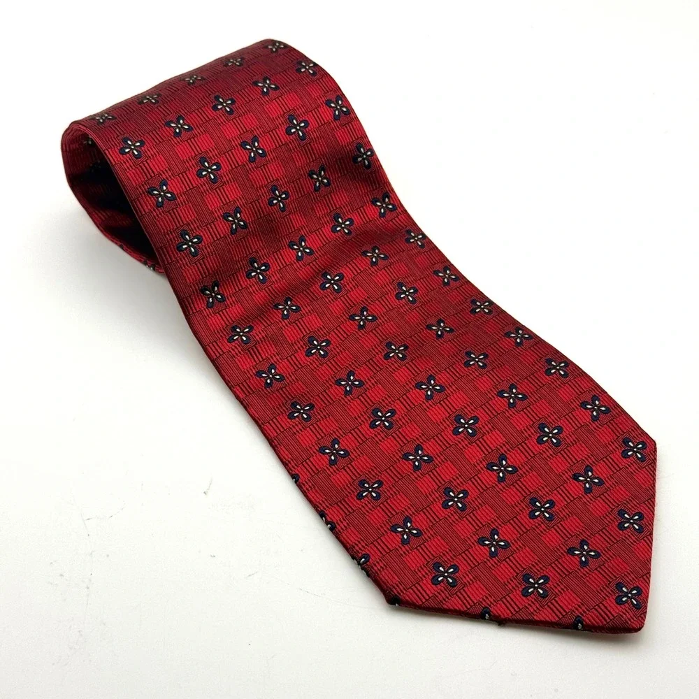 Peter Thomas by Superba Red Silk Geometric‎ Floral Wide Necktie Made USA 4 Inch